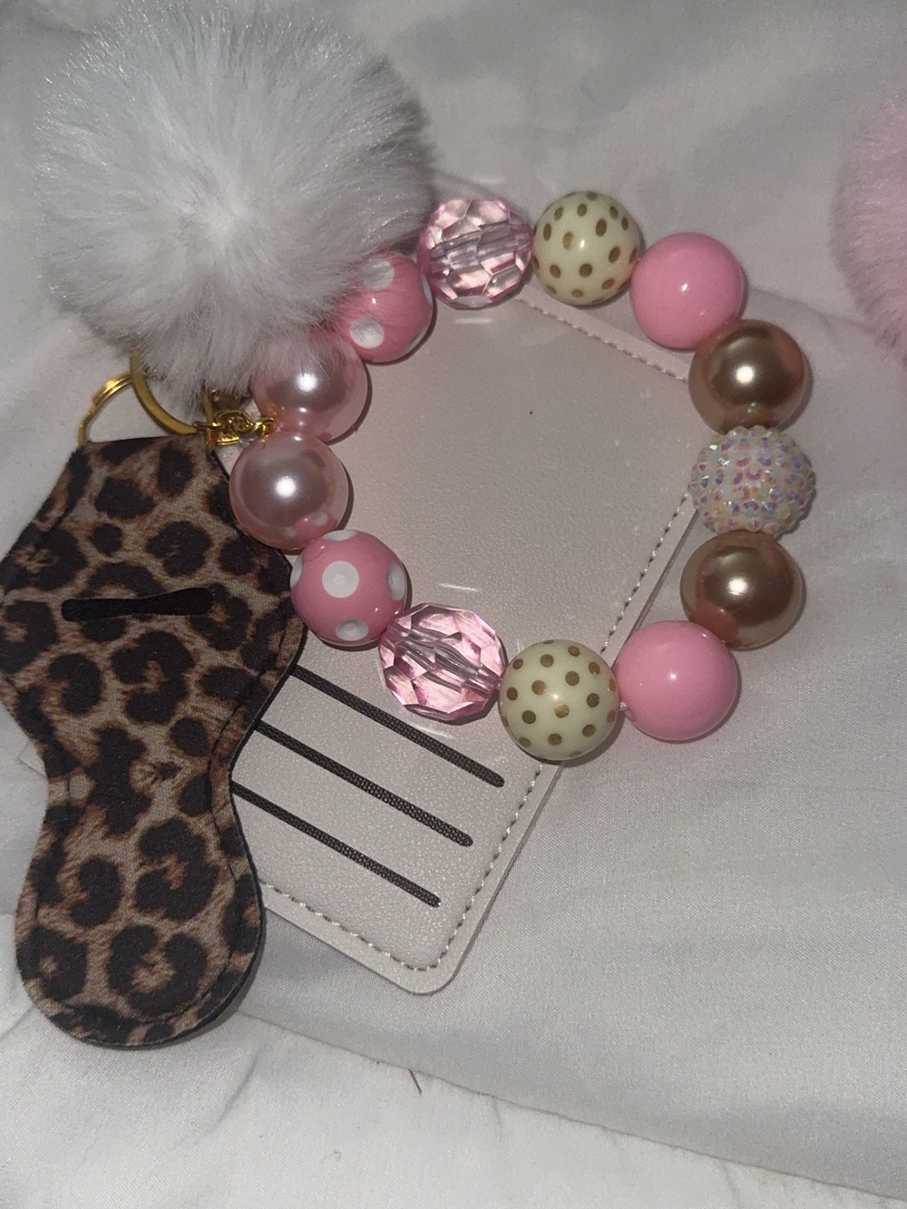 Kids Pink Beaded Wrist Keychain with Pom Pom
